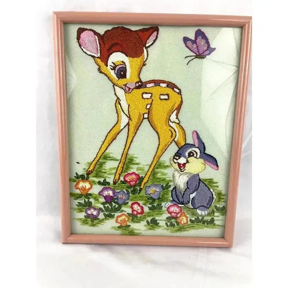 VTG Embroidery Bambi & Thumper Needlework Framed 80's MCM Wall Art 11.5"X14.5" - Picture 4 of 12